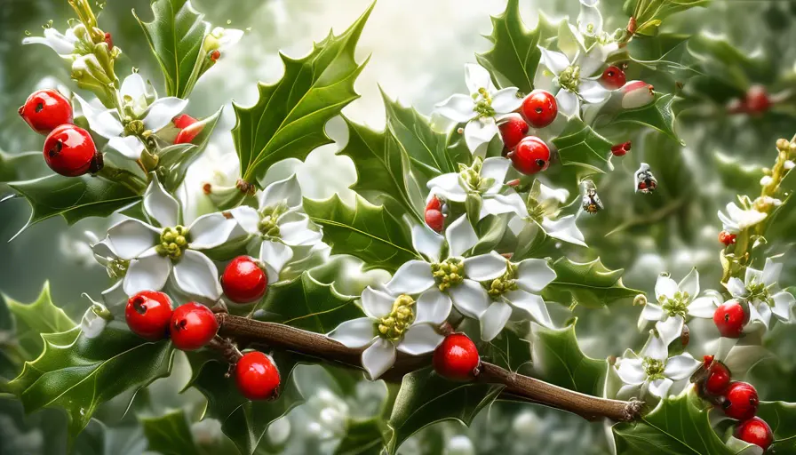 Imagen sobre ano, el acebo florece, mostrando pequeñas flores blancas que se abren para atrae